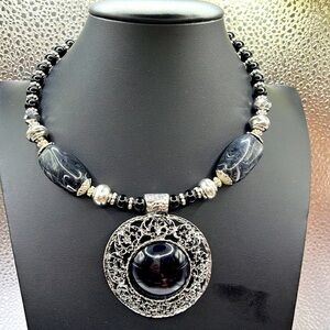 MIXIT Statement Necklace Medallion Acrylic Black Beads and Silver Tone Big Bold